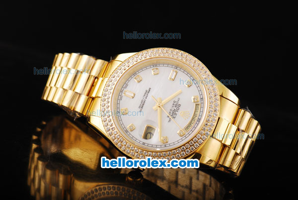 Rolex Day-Date II Automatic Movement Full Gold with Double Row Diamond Bezel-White MOP Dial and Diamond Markers - Click Image to Close